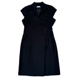 Calvin Klein Black Cap Sleeve Sheath Dress Lined Faux Wrap Career Work Office